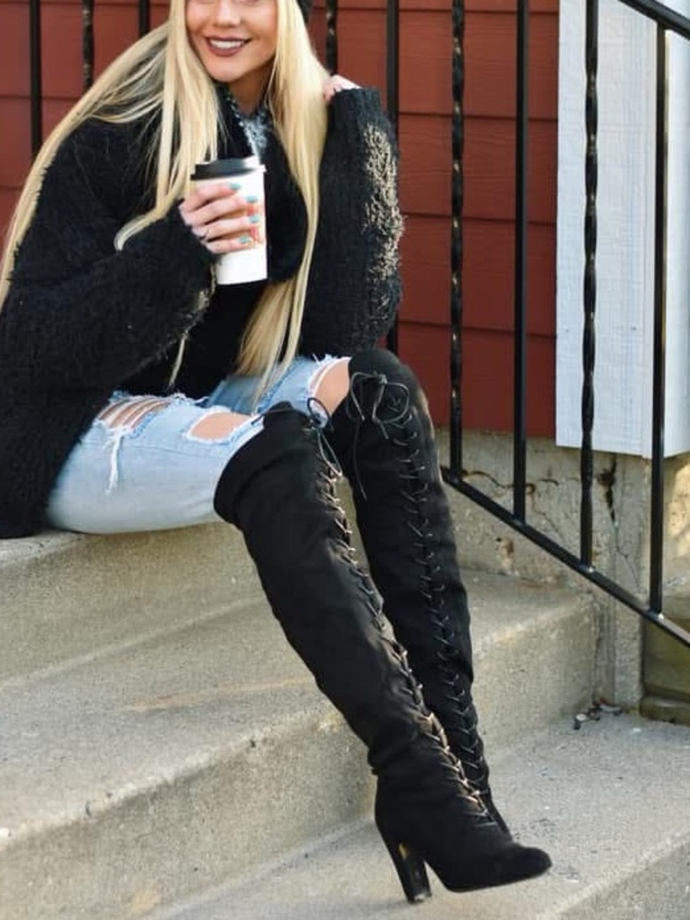 Black thigh high laced boots